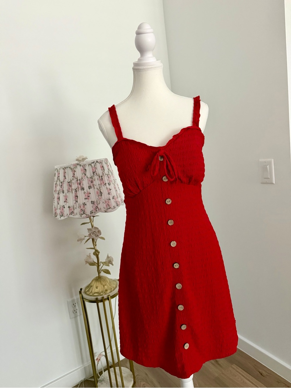 No Boundaries Red Button-Down Mini Dress‎ with Tie Front